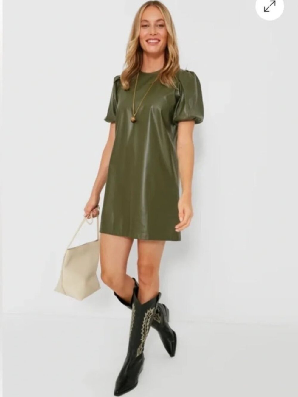 Tuckernuck HYACINTH HOUSE Olive Green Vegan Leather Puff Sleeve Dress XL